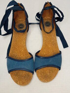 UGG Amell Blue Canvas Espadrille Wedge Sandals Women's Size 9.5